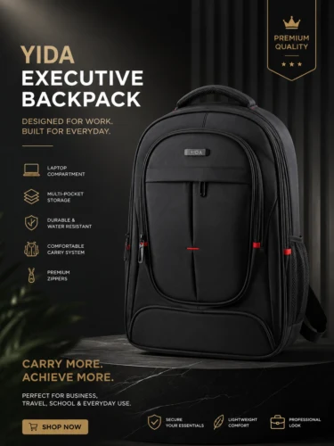 Executive Yida Laptop Backpack with multiple compartments, laptop sleeve, premium zippers and water-resistant design for business and travel.
