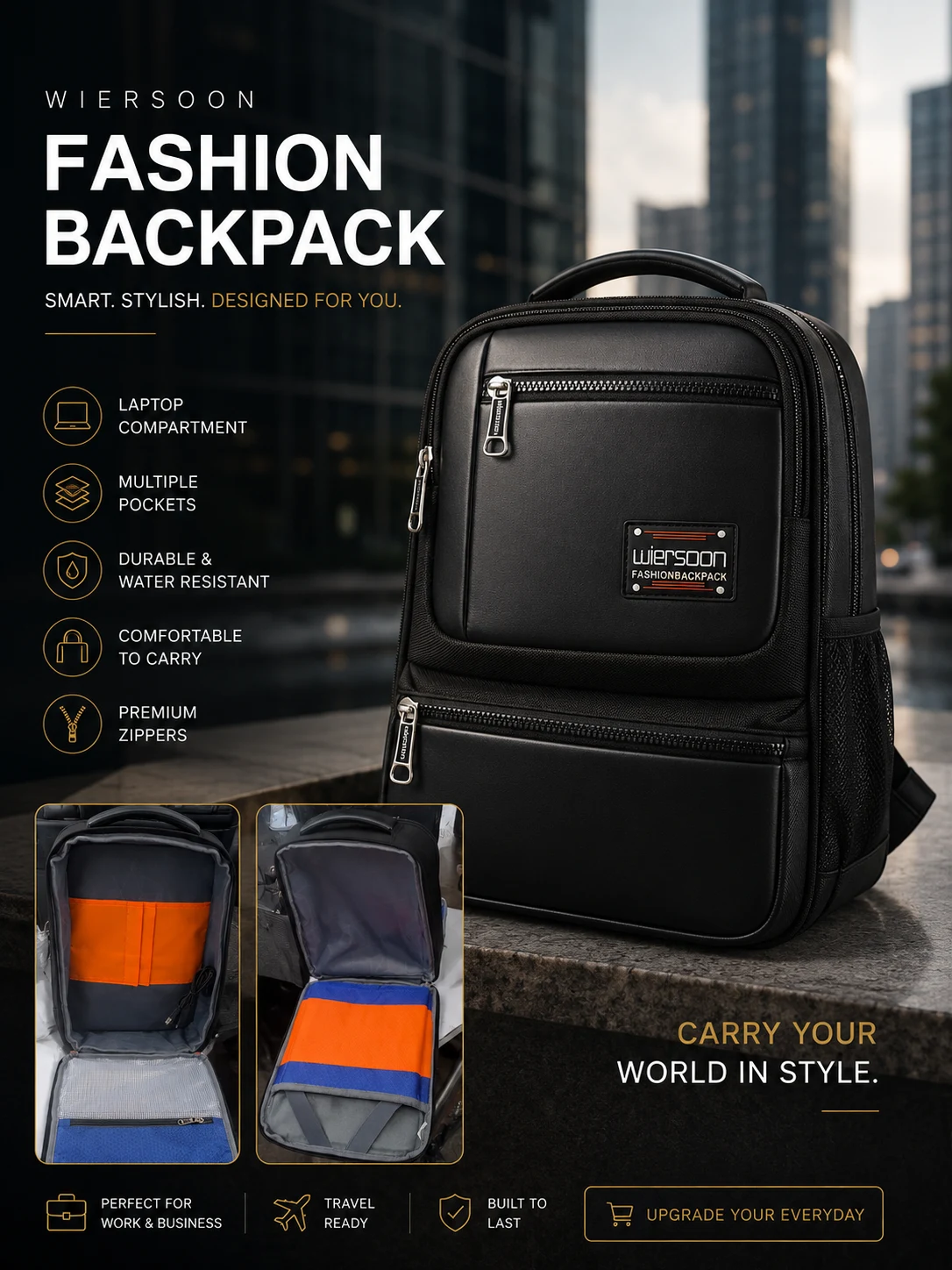 Premium Weirsoon Fashion Backpack premium black laptop backpack with multiple compartments for business, travel and everyday use.