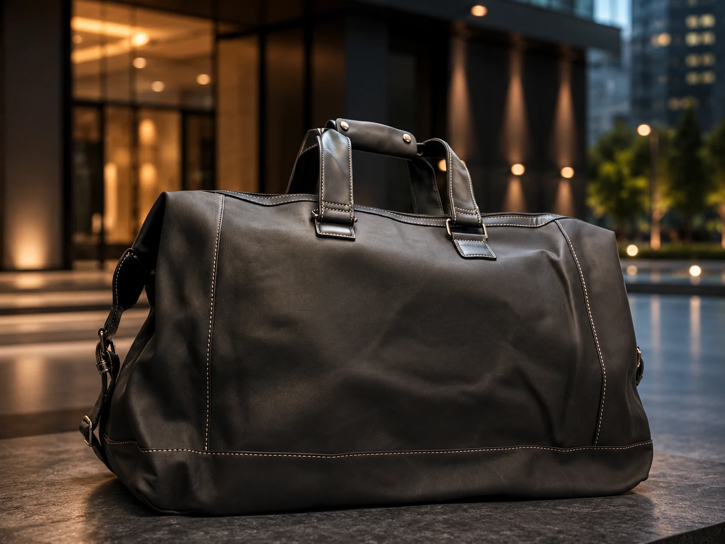Premium Leather Travel Duffel Bag in black featuring spacious storage, reinforced handles, detachable shoulder strap and luxury travel design.
