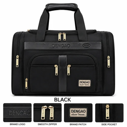 Dengao Travel Duffel Bag in black with multiple pockets and shoulder strap